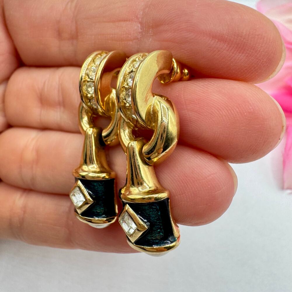 Vintage Piscitelli Blue Guilloche Door Knocker Earrings Gold Tone Rhinestones - Picture 4 of 10
